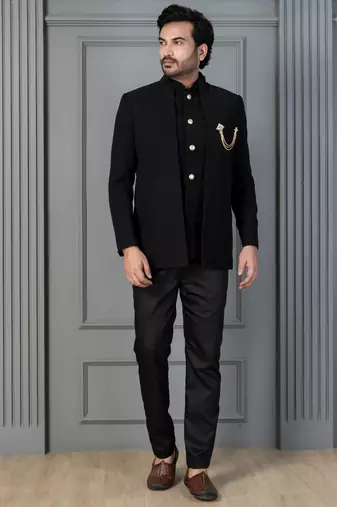 Black premium indowestern set , waist coat and pant set for men with embroidered work