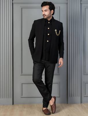 Black premium indowestern set , waist coat and pant set for men with embroidered work 2