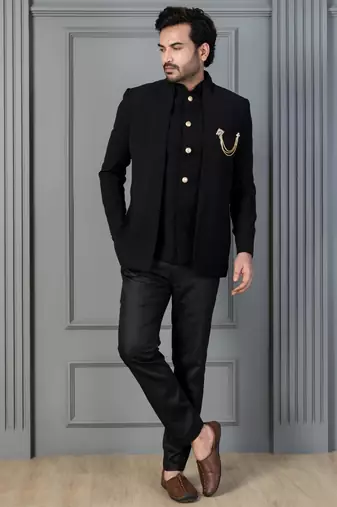 Black premium indowestern set , waist coat and pant set for men with embroidered work