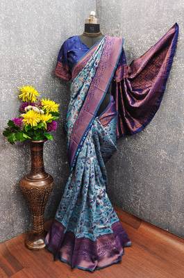 Turquoise Art silk blend banarasi jacuard bird motif work saree with unstitched blouse piece 6