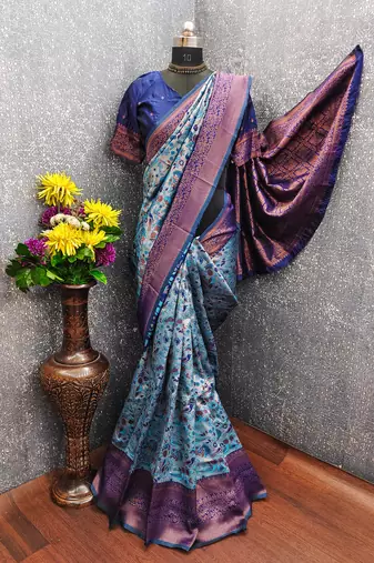 Turquoise Art silk blend banarasi jacuard bird motif work saree with unstitched blouse piece