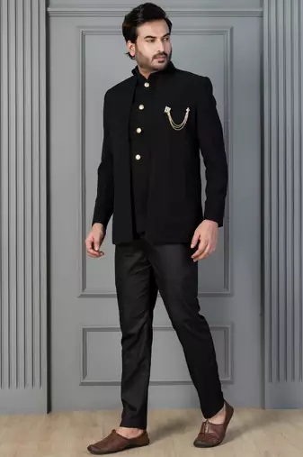 Black premium indowestern set , waist coat and pant set for men with embroidered work