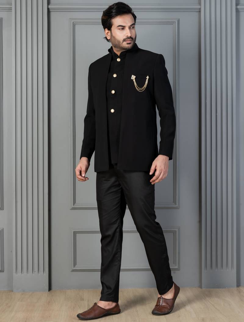 Black premium indowestern set , waist coat and pant set for men with embroidered work