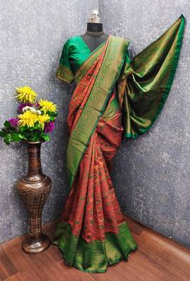 Orange green Art silk blend banarasi jacuard bird motif work saree with unstitched blouse piece 5