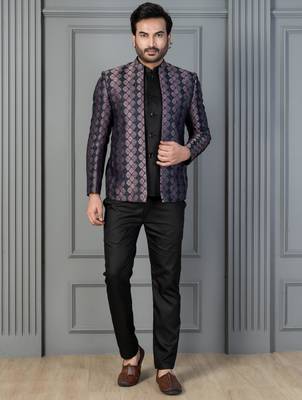 Black jacquard indowestern set  waist coat and pant set for men with embroidered work 1
