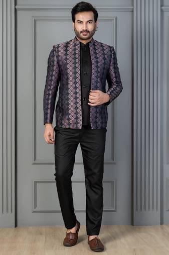 Black jacquard indowestern set  waist coat and pant set for men with embroidered work