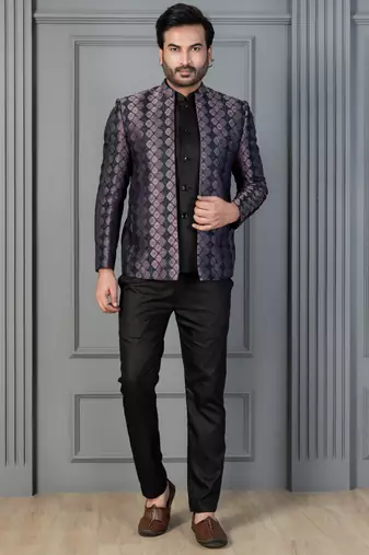 Black jacquard indowestern set  waist coat and pant set for men with embroidered work