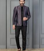 Black jacquard indowestern set  waist coat and pant set for men with embroidered work