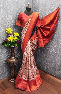 Orange Art silk blend banarasi jacuard bird motif work saree with unstitched blouse piece 6