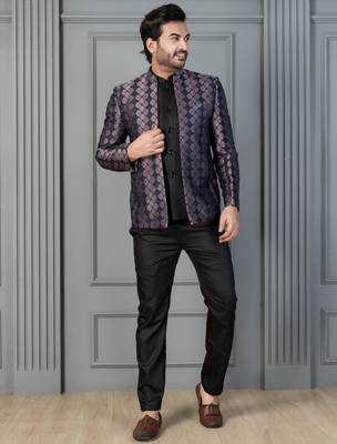 Black jacquard indowestern set  waist coat and pant set for men with embroidered work 2