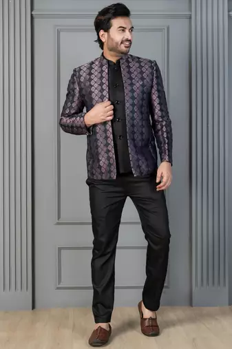 Black jacquard indowestern set  waist coat and pant set for men with embroidered work