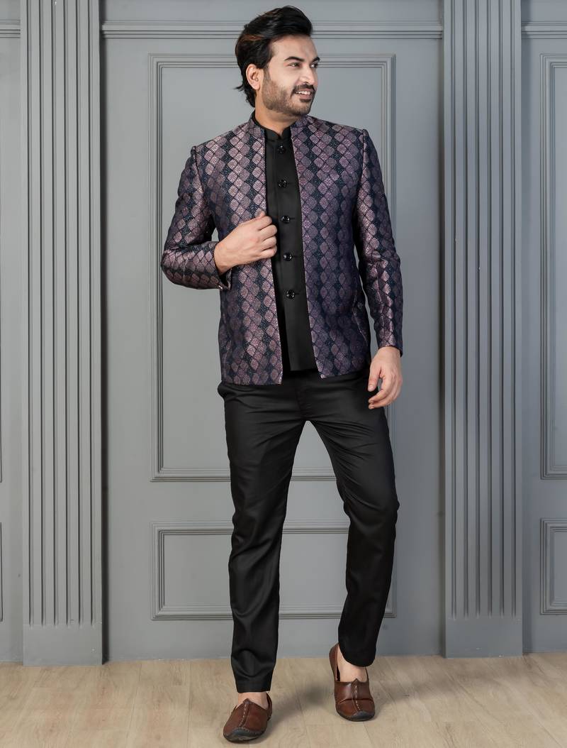Black jacquard indowestern set  waist coat and pant set for men with embroidered work
