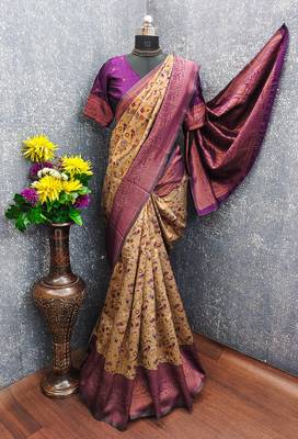 Beige wine Art silk blend banarasi jacuard bird motif work saree with unstitched blouse piece 6