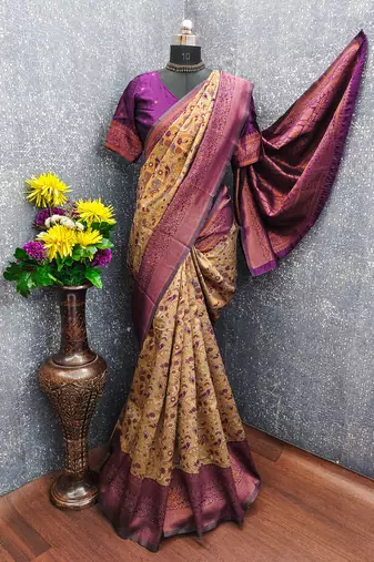 Beige wine Art silk blend banarasi jacuard bird motif work saree with unstitched blouse piece