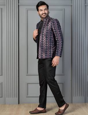 Black jacquard indowestern set  waist coat and pant set for men with embroidered work 3