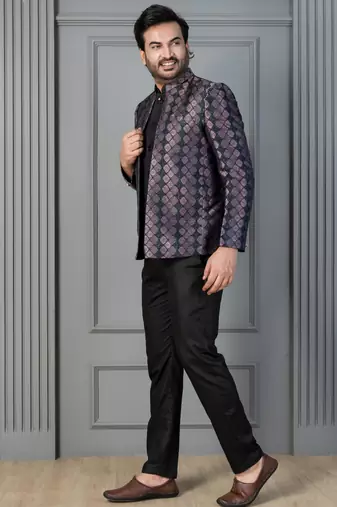 Black jacquard indowestern set  waist coat and pant set for men with embroidered work