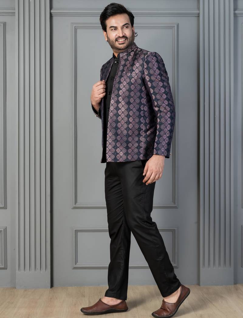Black jacquard indowestern set  waist coat and pant set for men with embroidered work