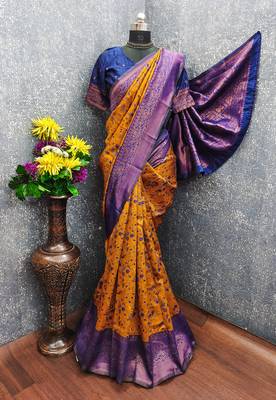 Mustard blue Art silk blend banarasi jacuard bird motif work saree with unstitched blouse piece 6