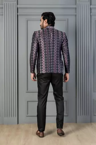 Black jacquard indowestern set  waist coat and pant set for men with embroidered work