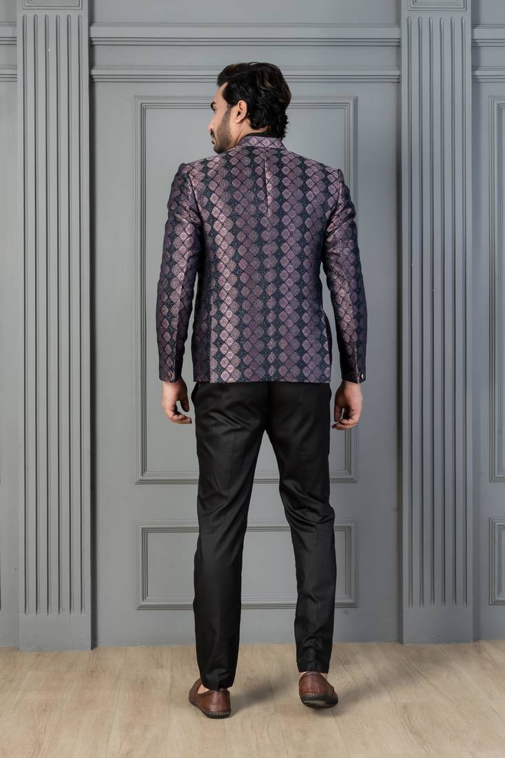 Black jacquard indowestern set  waist coat and pant set for men with embroidered work