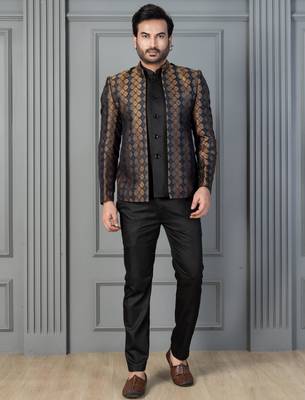 Yellow jacquard indowestern set  waist coat and pant set for men with embroidered work 1