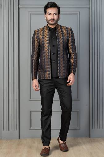 Yellow jacquard indowestern set  waist coat and pant set for men with embroidered work