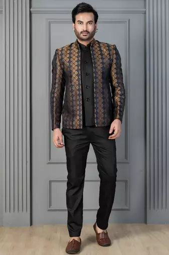 Yellow jacquard indowestern set  waist coat and pant set for men with embroidered work