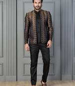 Yellow jacquard indowestern set  waist coat and pant set for men with embroidered work