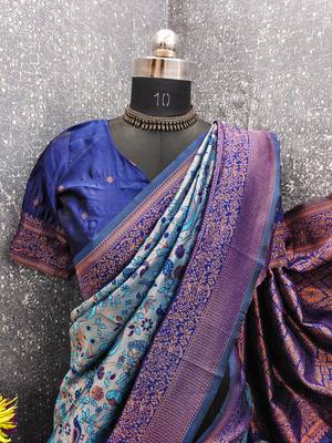 Turquoise Art silk blend banarasi jacuard bird motif work saree with unstitched blouse piece 7
