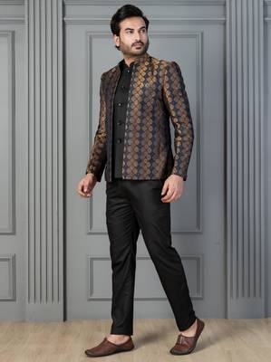 Yellow jacquard indowestern set  waist coat and pant set for men with embroidered work 2