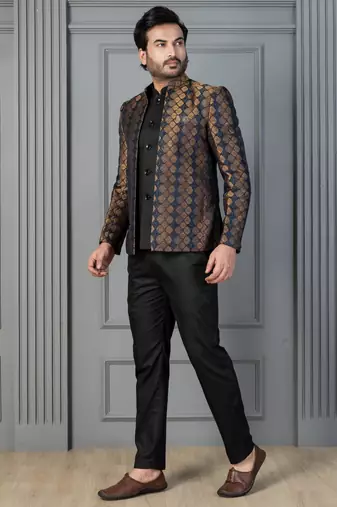 Yellow jacquard indowestern set  waist coat and pant set for men with embroidered work