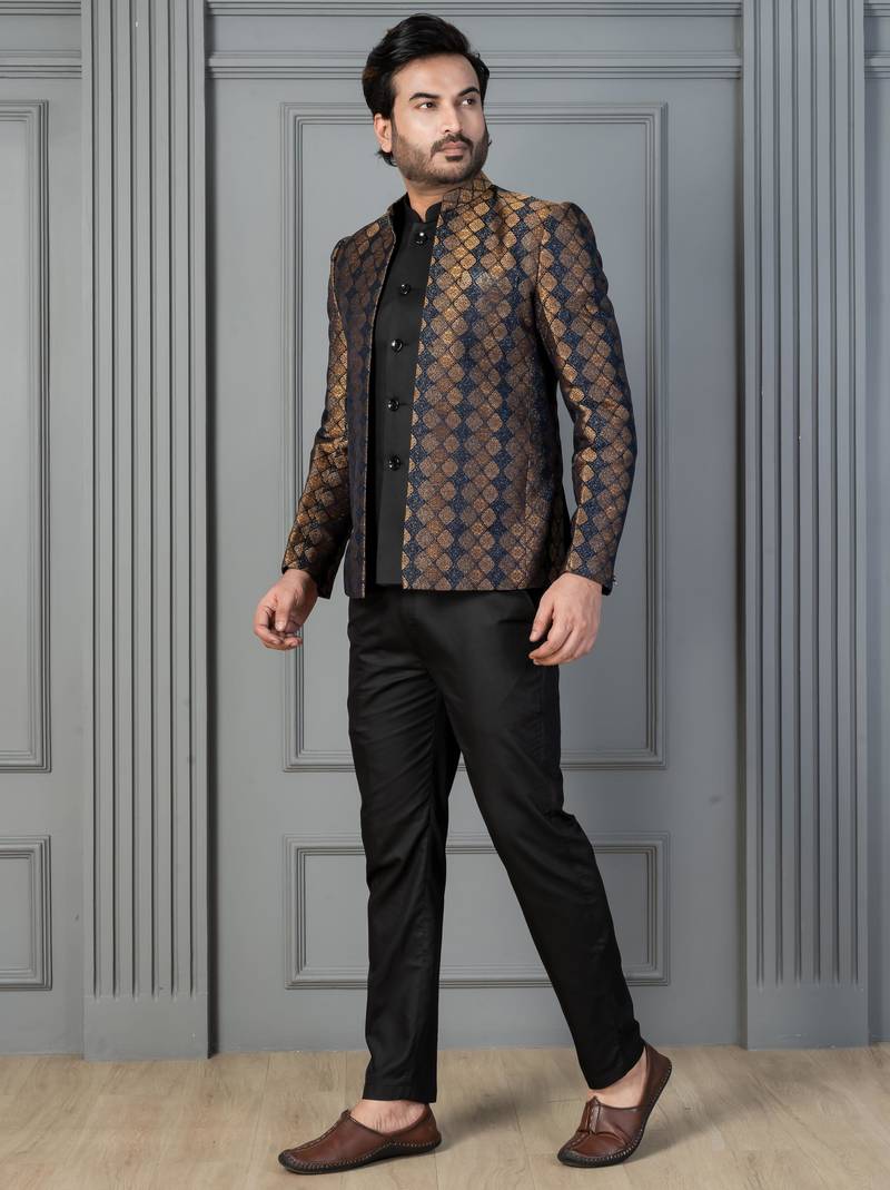 Yellow jacquard indowestern set  waist coat and pant set for men with embroidered work