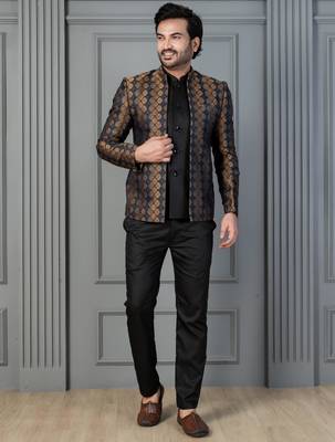 Yellow jacquard indowestern set  waist coat and pant set for men with embroidered work 3