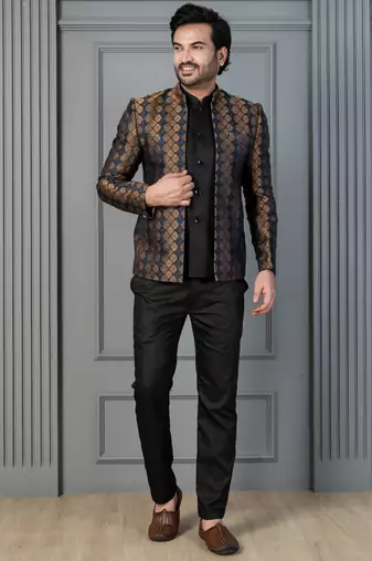Yellow jacquard indowestern set  waist coat and pant set for men with embroidered work