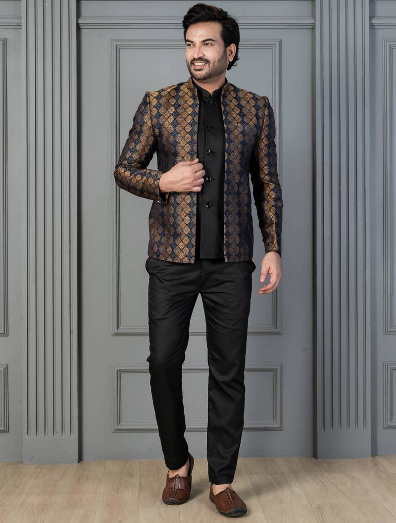 Yellow jacquard indowestern set  waist coat and pant set for men with embroidered work