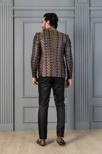 Yellow jacquard indowestern set  waist coat and pant set for men with embroidered work