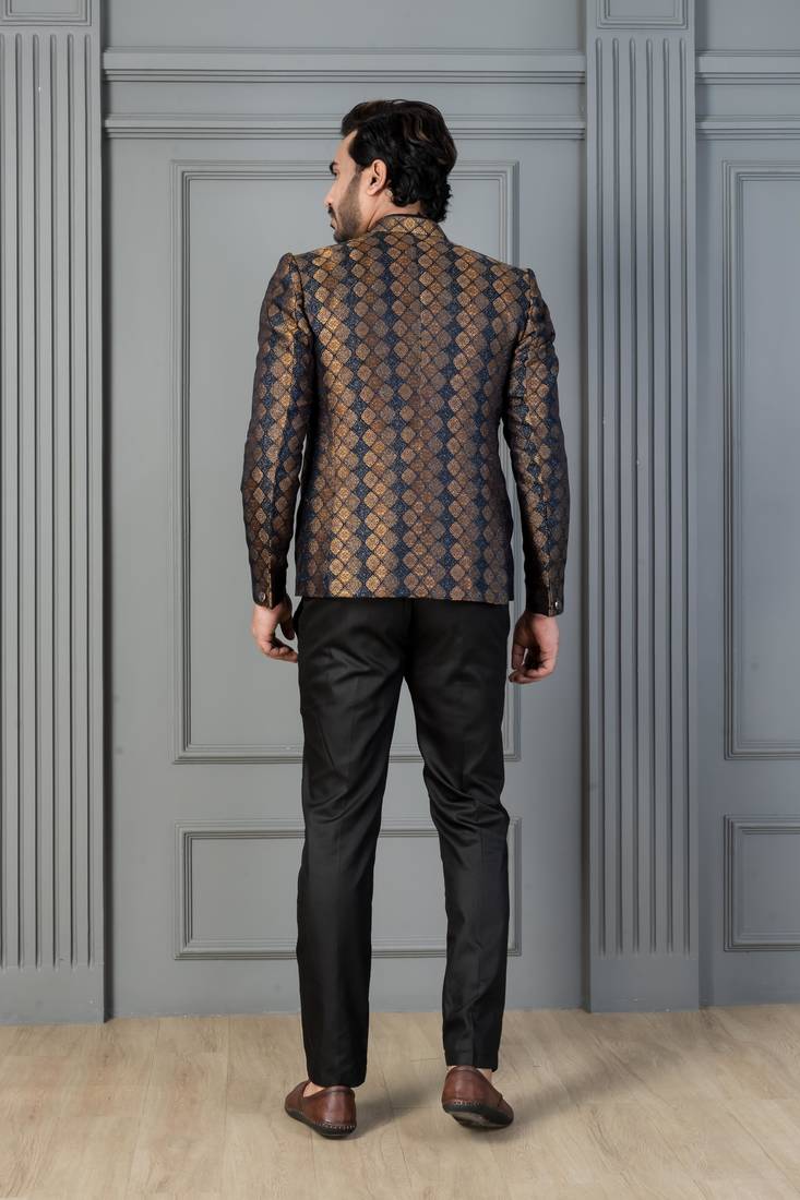 Yellow jacquard indowestern set  waist coat and pant set for men with embroidered work
