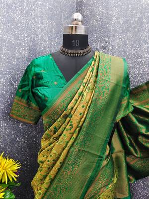 Parrot green Art silk blend banarasi jacuard bird motif work saree with unstitched blouse piece 7