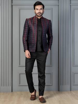 Red jacquard indowestern set  waist coat and pant set for men with embroidered work 1