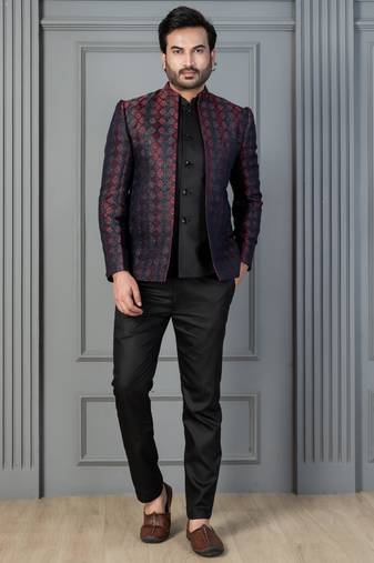Red jacquard indowestern set  waist coat and pant set for men with embroidered work