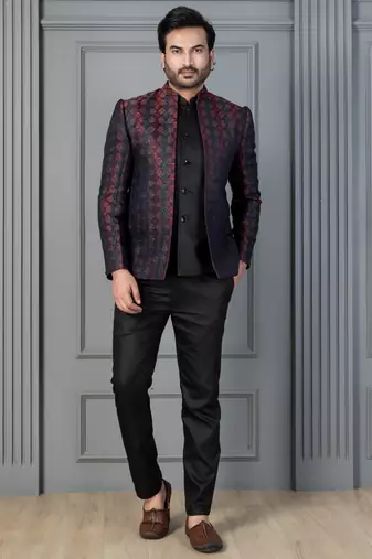 Red jacquard indowestern set  waist coat and pant set for men with embroidered work