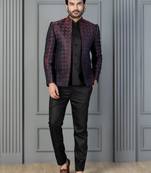 Red jacquard indowestern set  waist coat and pant set for men with embroidered work