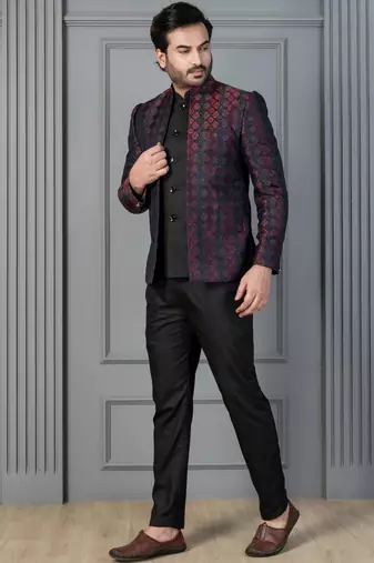 Red jacquard indowestern set  waist coat and pant set for men with embroidered work