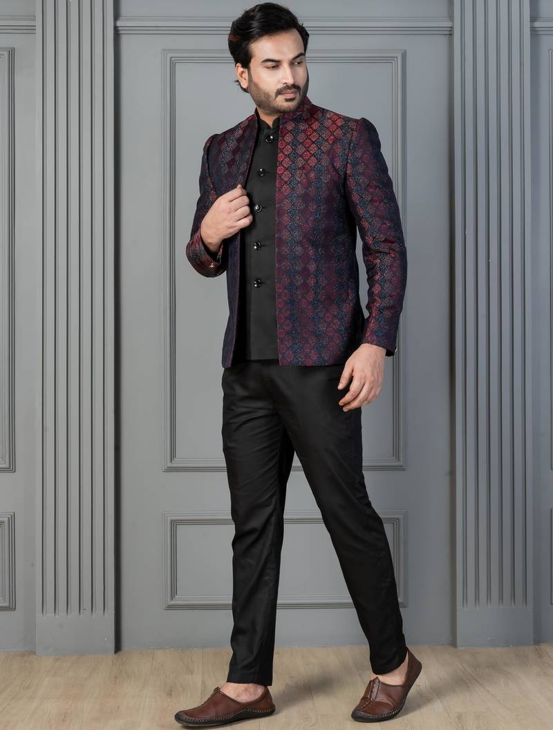 Red jacquard indowestern set  waist coat and pant set for men with embroidered work