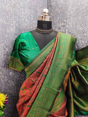 Orange green Art silk blend banarasi jacuard bird motif work saree with unstitched blouse piece 6