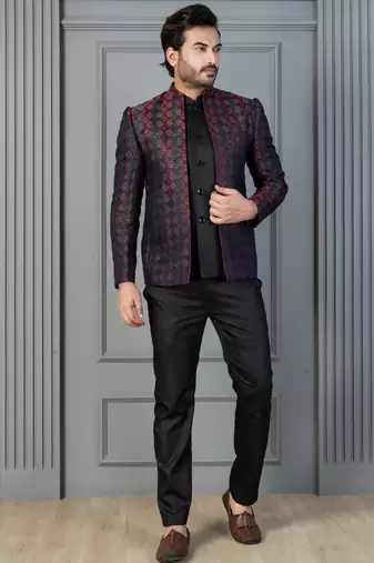 Red jacquard indowestern set  waist coat and pant set for men with embroidered work