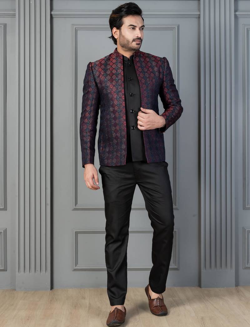 Red jacquard indowestern set  waist coat and pant set for men with embroidered work