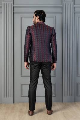 Red jacquard indowestern set  waist coat and pant set for men with embroidered work 4