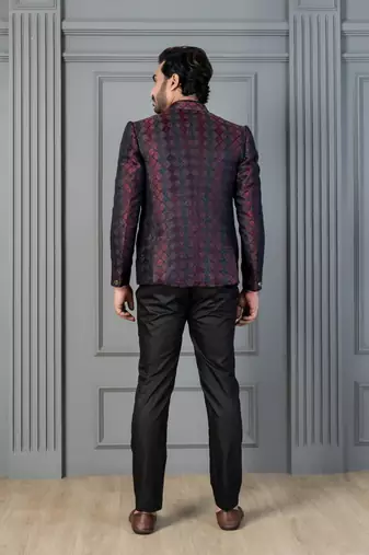 Red jacquard indowestern set  waist coat and pant set for men with embroidered work