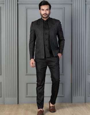 Black premium indowestern set  waist coat and pant set for men with embroidered work 1